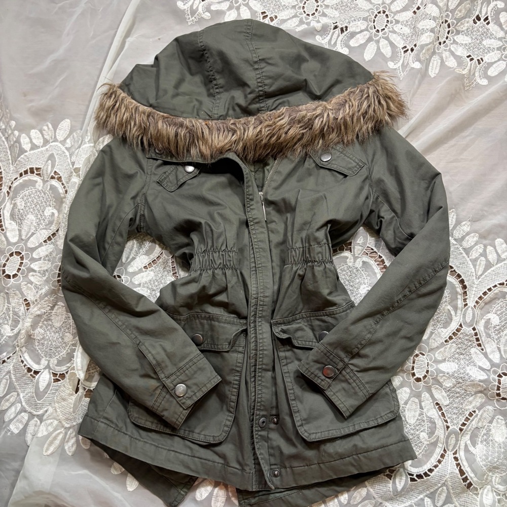 Y2K Fall Bella Swan Olive Green Utility Anorak Parka Jacket Faux Fur Hood Large